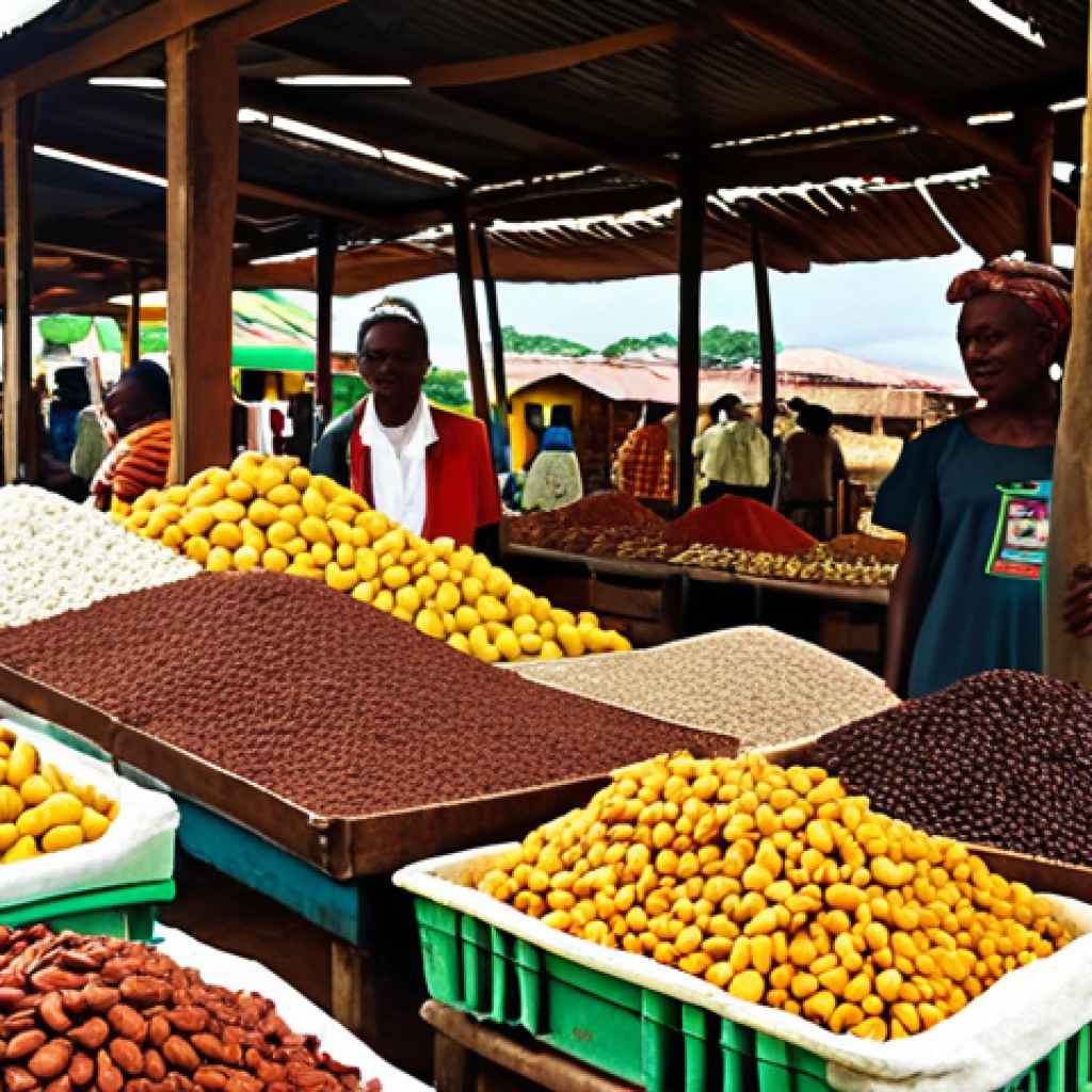 **Image prompt:** Bustling marketplace in Equatorial Guinea showcasing diverse agricultural products like cocoa and coffee, with local farmers actively selling their goods. Sunlight and vibrant colors dominate the scene.