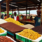 **Image prompt:** Bustling marketplace in Equatorial Guinea showcasing diverse agricultural products like cocoa and coffee, with local farmers actively selling their goods. Sunlight and vibrant colors dominate the scene.