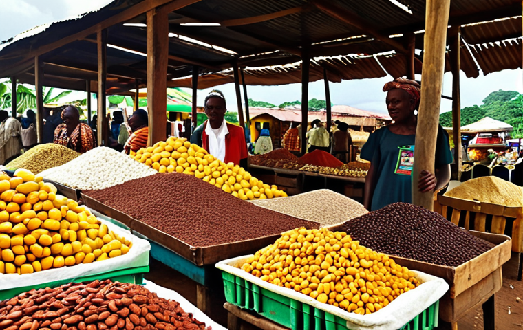 **Image prompt:** Bustling marketplace in Equatorial Guinea showcasing diverse agricultural products like cocoa and coffee, with local farmers actively selling their goods. Sunlight and vibrant colors dominate the scene.