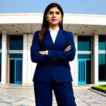 **

"A professional businesswoman in a modest, dark blue business suit, standing confidently in front of a modern office building in Islamabad, Pakistan, fully clothed, appropriate attire, safe for work, perfect anatomy, natural proportions, professional photography, high quality."

**