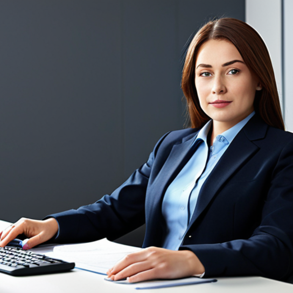 A professional businesswoman in a modest business suit, sitting at a desk in a modern office, fully clothed, appropriate attire, safe for work, perfect anatomy, natural proportions, professional photography, high quality.