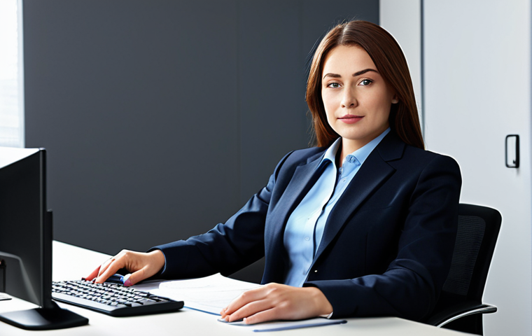 A professional businesswoman in a modest business suit, sitting at a desk in a modern office, fully clothed, appropriate attire, safe for work, perfect anatomy, natural proportions, professional photography, high quality.